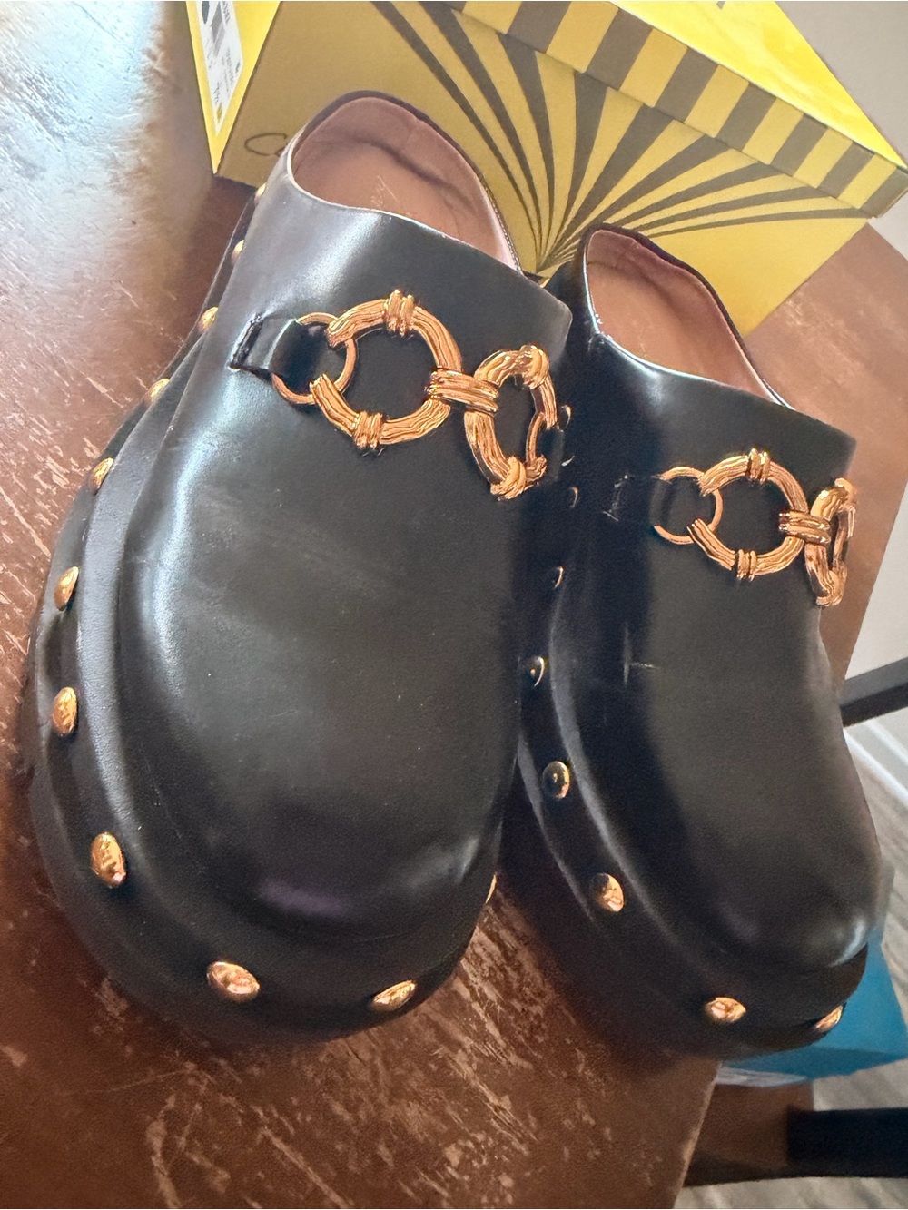 Circus NY by Sam Edelman Black Leather Slip-On Clogs with Gold Chain Accent - Picture 2 of 5